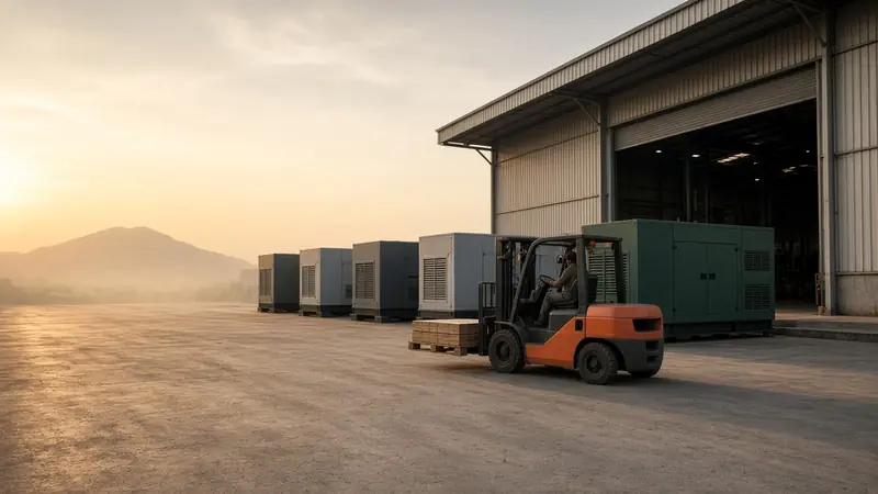 Diesel generator and forklift in an industrial equipment yard (illustrative)